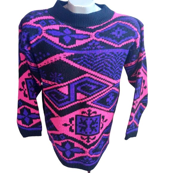 Vintage Women's Medium Sweater 80s Classic Essentials Wild Geometric New Wave - Picture 2 of 6